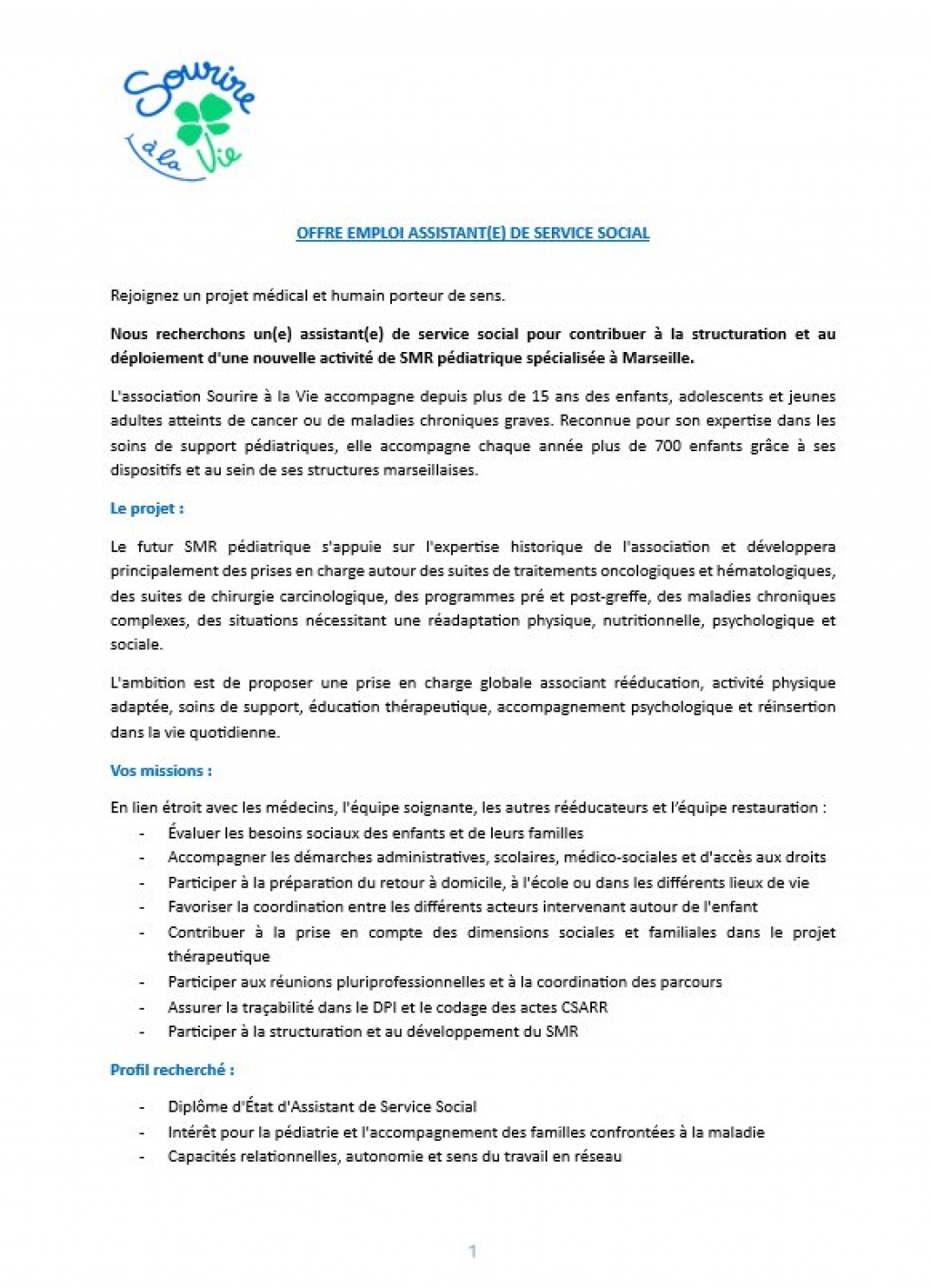 Assistant(e) de service social Association Sourire à la Vie
