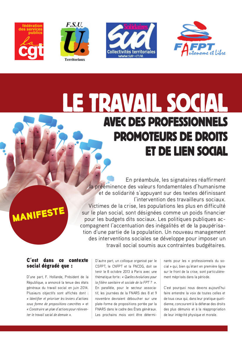 Manifeste des travailleurs sociaux à l'initiative de 4 syndicats Manifeste des travailleurs sociaux à l'initiative de 4 syndicats