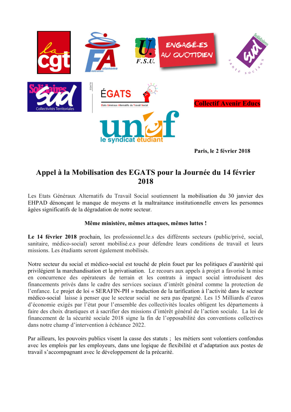 Appel des EGATS pour le 14 février 2018 Appel des EGATS pour le 14 février 2018