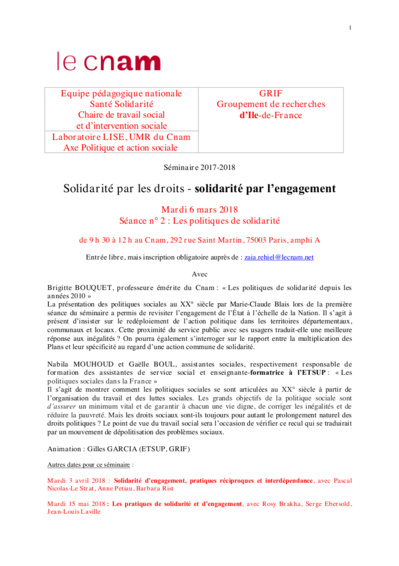 Programme séminaire Grif-Lise-Cnam 2017-2018 "Solidarité par les droits - solidarité par l’engagement" Programme séminaire Grif-Lise-Cnam 2017-2018 "Solidarité par les droits - solidarité par l’engagement"