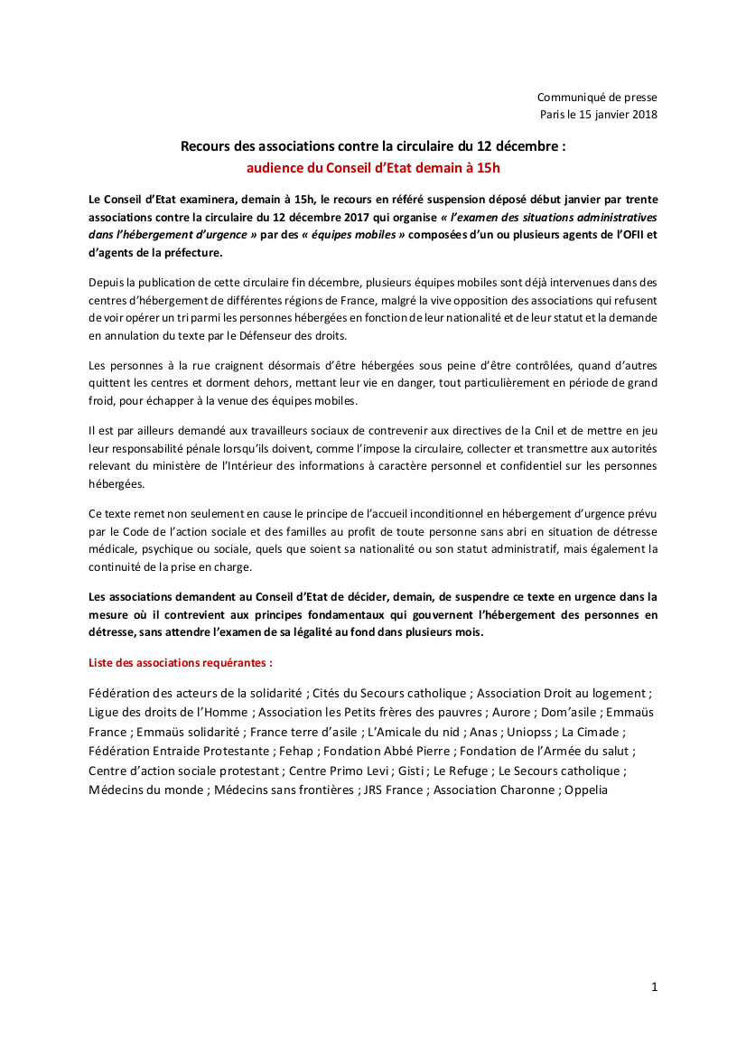 Communiqué commun : Recours des associations contre la circulaire du 12 décembre : audience du Conseil d’Etat demain à 15h