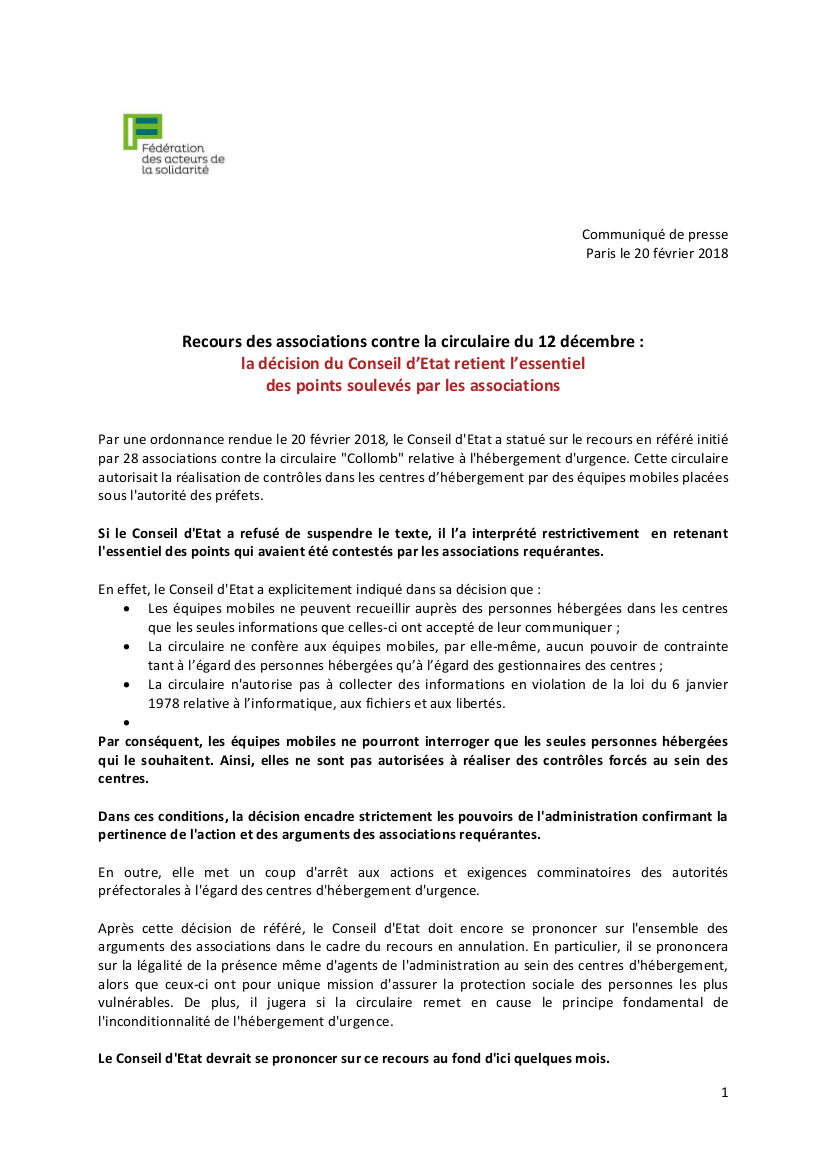 Communiqué commun : Recours des associations contre la circulaire du 12 décembre : la décision du Conseil d’Etat retient l’essentiel des points soulevés par les associations Communiqué commun : Recours des associations contre la circulaire du 12 décembre : la décision du Conseil d’Etat retient l’essentiel des points soulevés par les associations