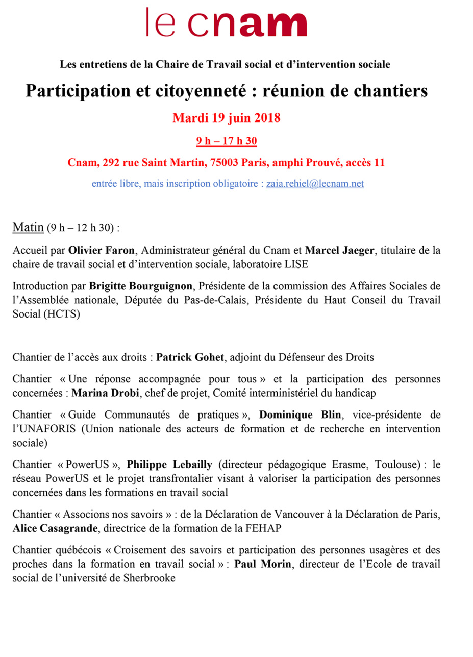 CNAM - Participation et citoyenneté : réunion de chantiers CNAM - Participation et citoyenneté : réunion de chantiers