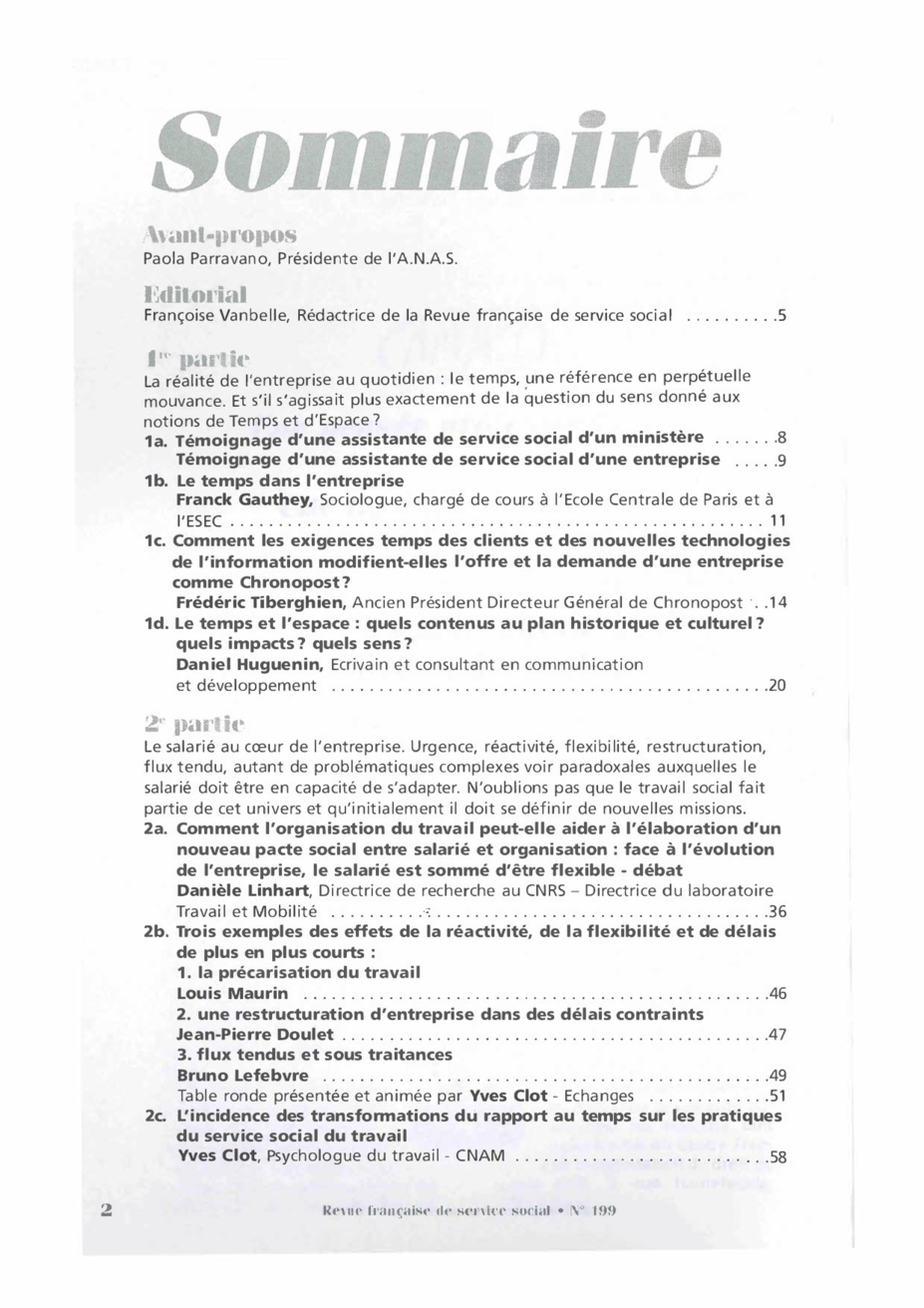 RFSS N°199 : "Le travail et l'entreprise à l'épreuve du temps et de l'espace : A temps et contretemps" RFSS N°199 : "Le travail et l'entreprise à l'épreuve du temps et de l'espace : A temps et contretemps"