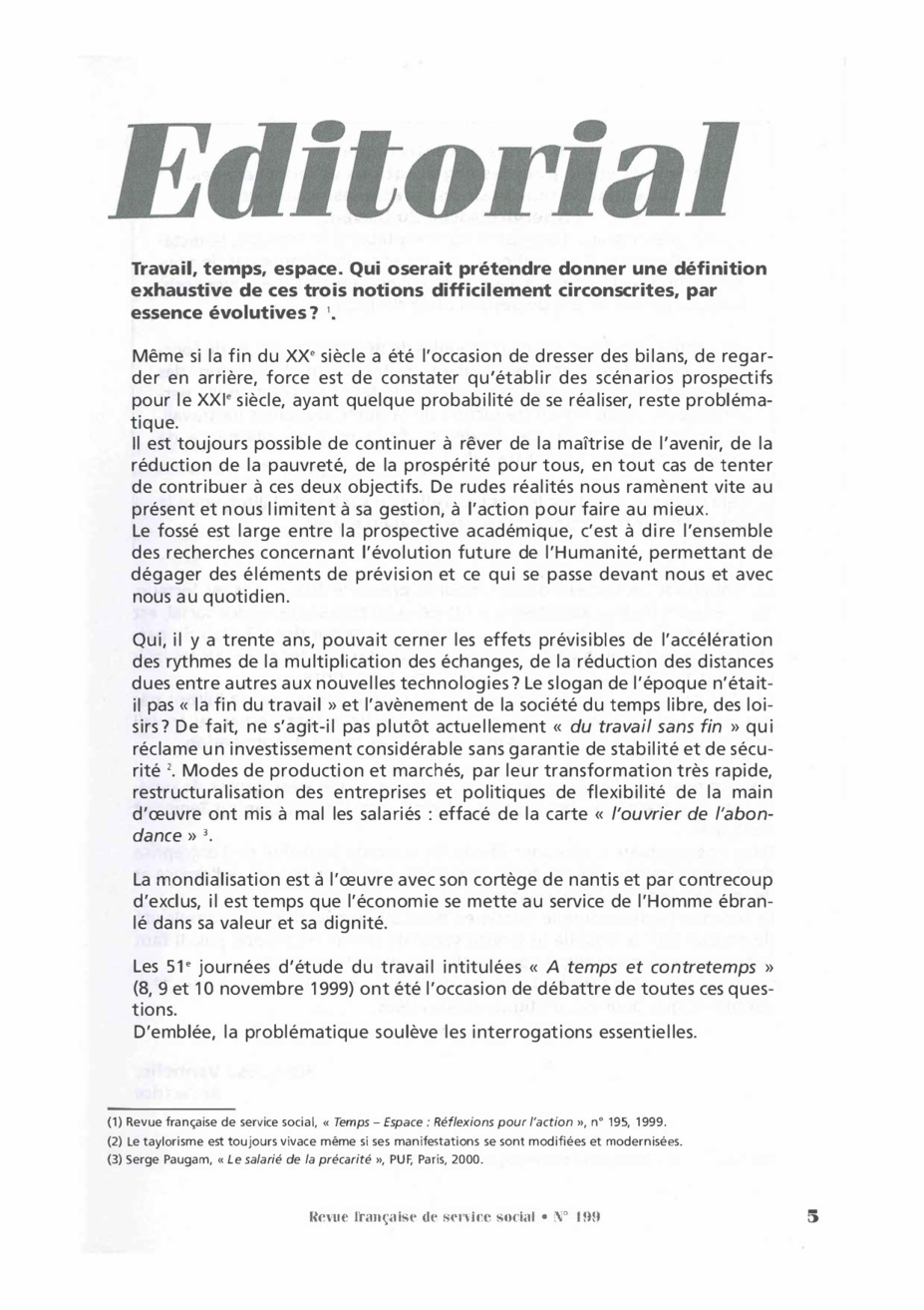 Rfss N 199 Le Travail Et L Entreprise A L Epreuve Du Temps Et De
