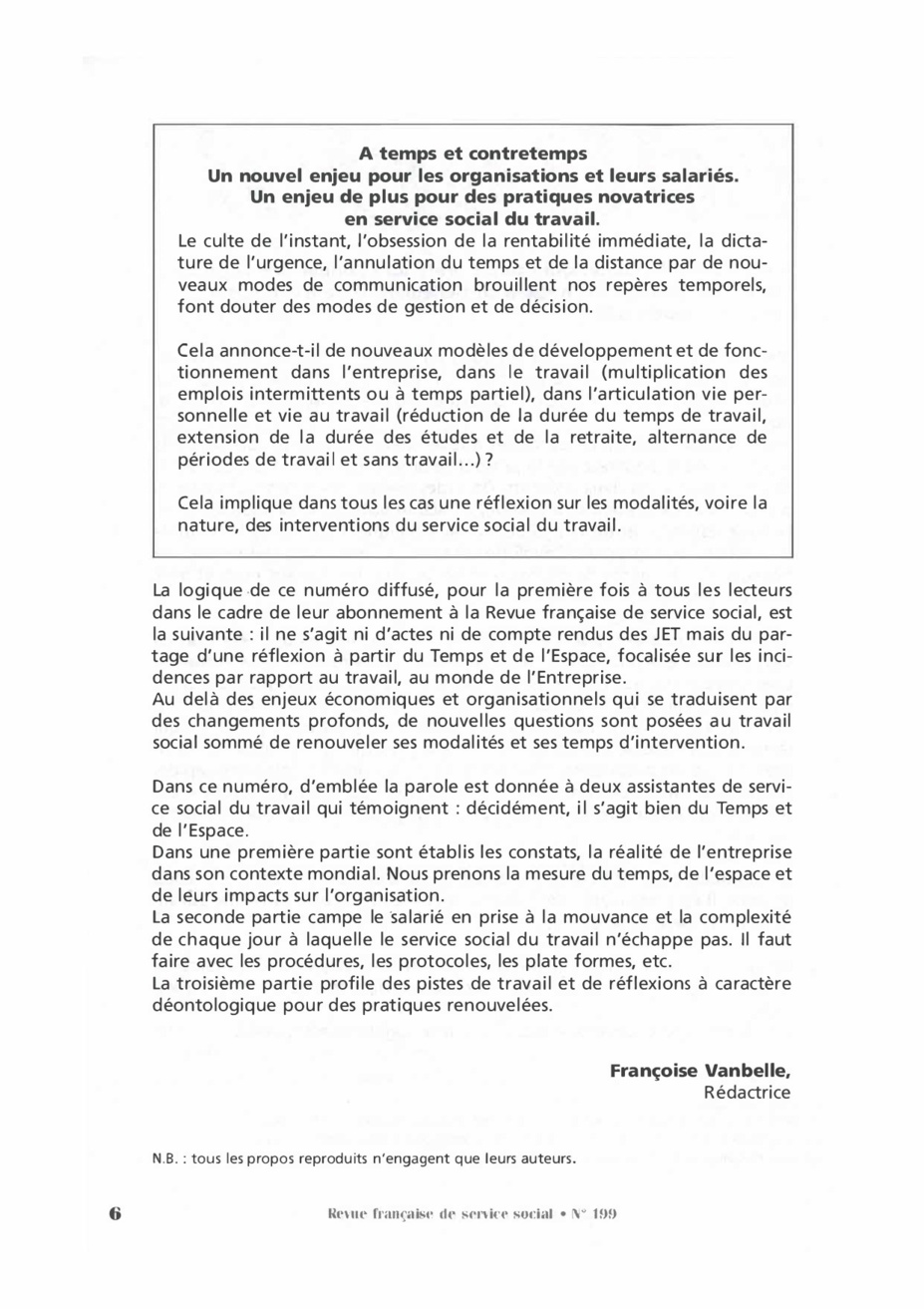 RFSS N°199 : "Le travail et l'entreprise à l'épreuve du temps et de l'espace : A temps et contretemps" RFSS N°199 : "Le travail et l'entreprise à l'épreuve du temps et de l'espace : A temps et contretemps"