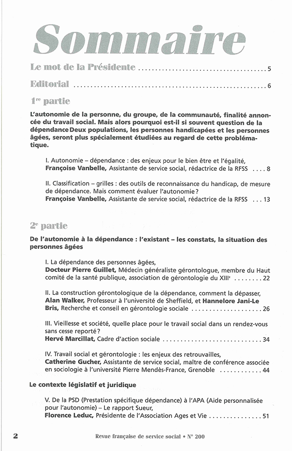 RFSS N°200 : "Autonomie Dépendance : Pratiques sociales d'évaluation et d'accompagnement"