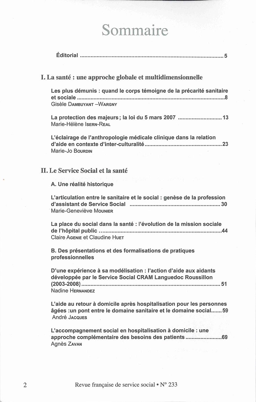 RFSS N°233 : "Articulation entre le sanitaire et le social : Valeurs - Éthique Territoires de santé" RFSS N°233 : "Articulation entre le sanitaire et le social : Valeurs - Éthique Territoires de santé"