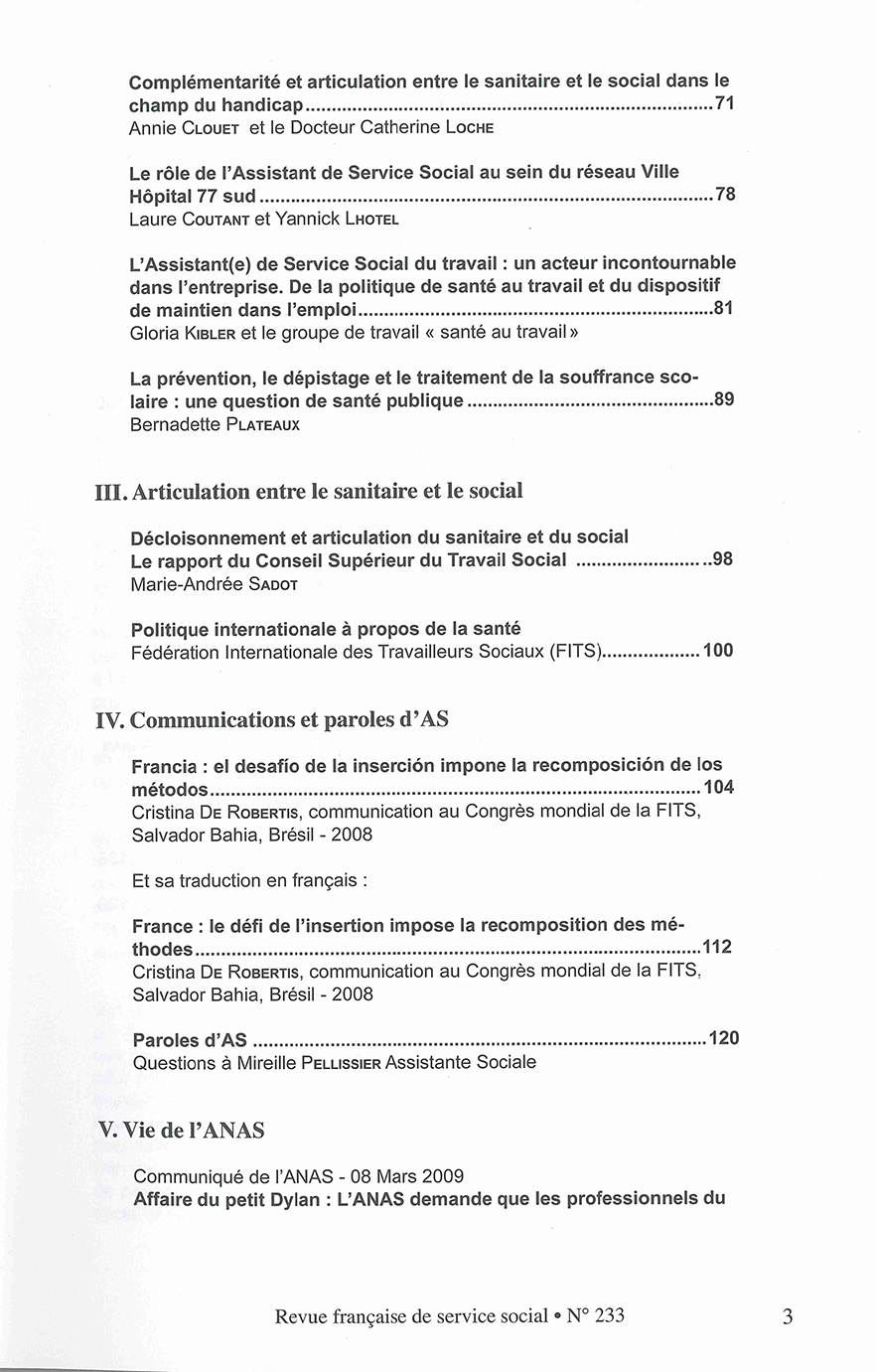 RFSS N°233 : "Articulation entre le sanitaire et le social : Valeurs - Éthique Territoires de santé" RFSS N°233 : "Articulation entre le sanitaire et le social : Valeurs - Éthique Territoires de santé"