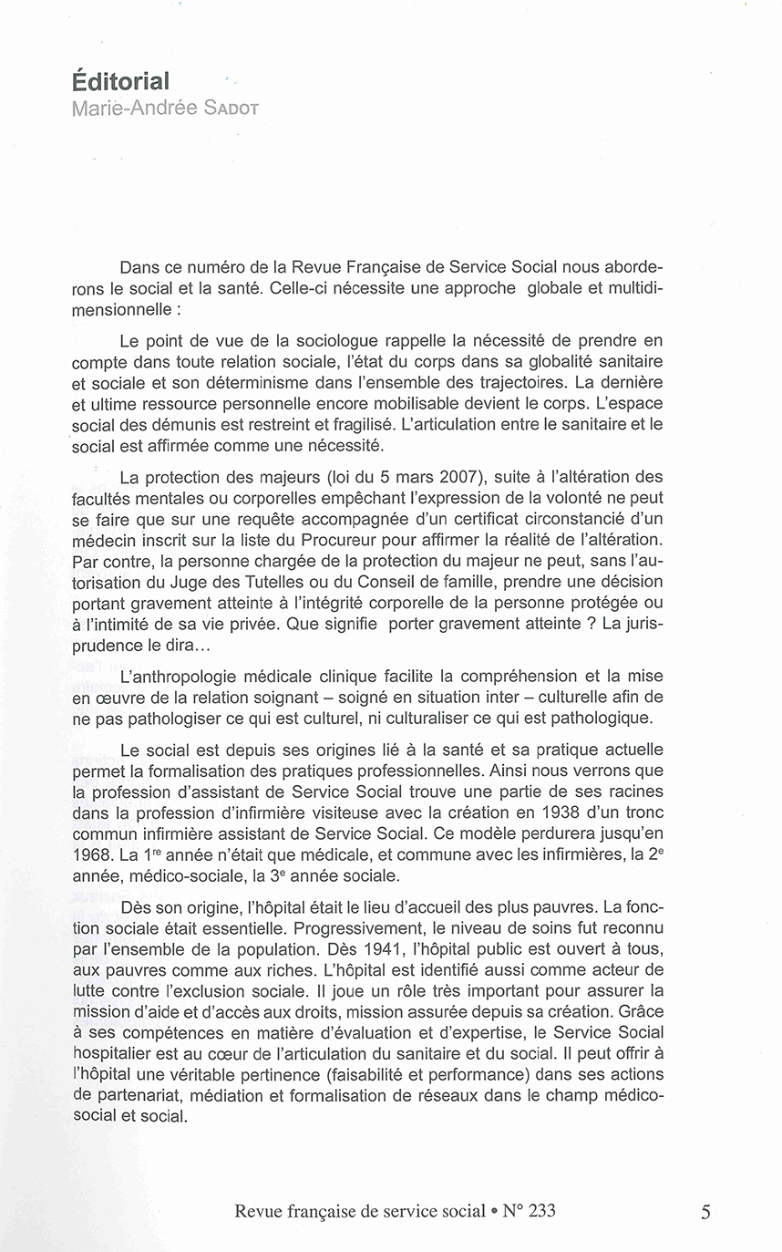RFSS N°233 : "Articulation entre le sanitaire et le social : Valeurs - Éthique Territoires de santé" RFSS N°233 : "Articulation entre le sanitaire et le social : Valeurs - Éthique Territoires de santé"