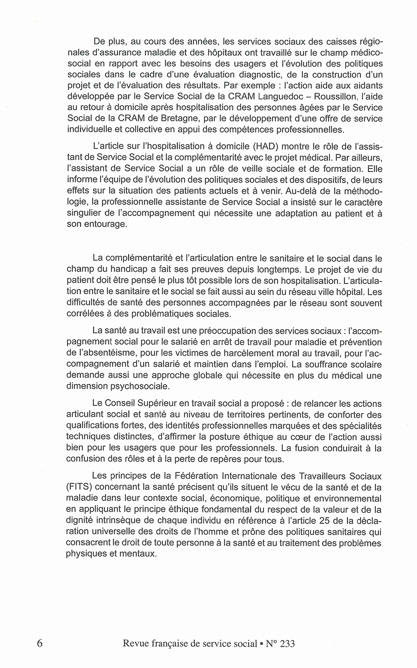 RFSS N°233 : "Articulation entre le sanitaire et le social : Valeurs - Éthique Territoires de santé" RFSS N°233 : "Articulation entre le sanitaire et le social : Valeurs - Éthique Territoires de santé"