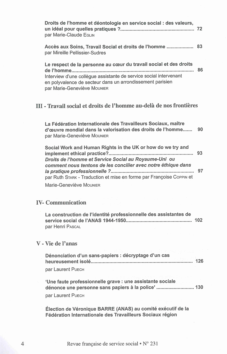 RFSS N°231 : "Quelles pratiques professionnelles du travail social en 2008, dans le respect des principes universels des droits de l'homme ?"