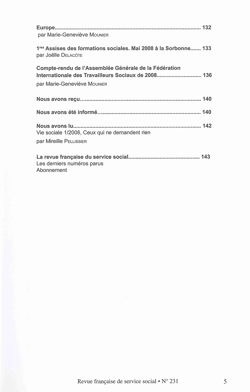 RFSS N°231 : "Quelles pratiques professionnelles du travail social en 2008, dans le respect des principes universels des droits de l'homme ?"