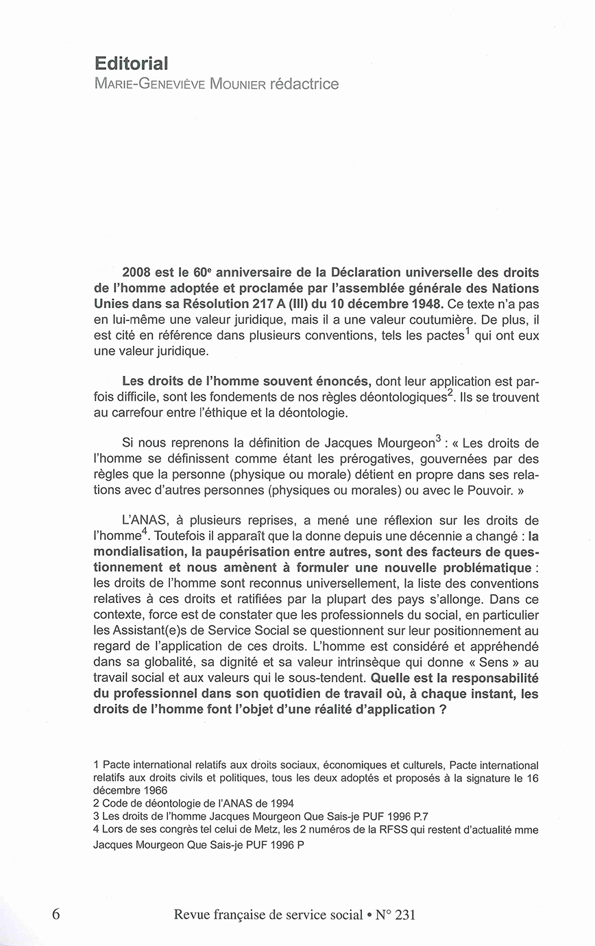 RFSS N°231 : "Quelles pratiques professionnelles du travail social en 2008, dans le respect des principes universels des droits de l'homme ?"