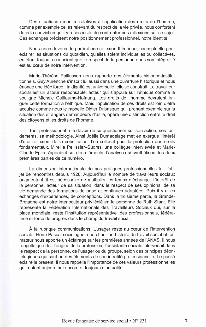 RFSS N°231 : "Quelles pratiques professionnelles du travail social en 2008, dans le respect des principes universels des droits de l'homme ?"