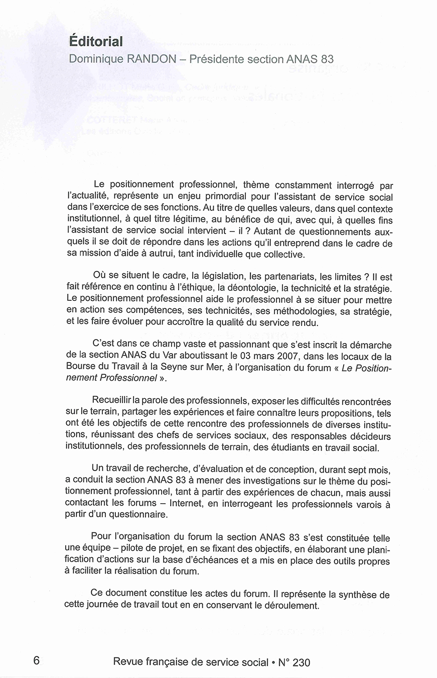 RFSS N°230 : "Positionnement professionnel : face aux mutations, mobilisons nos compétences - Actes du forum" RFSS N°230 : "Positionnement professionnel : face aux mutations, mobilisons nos compétences - Actes du forum"