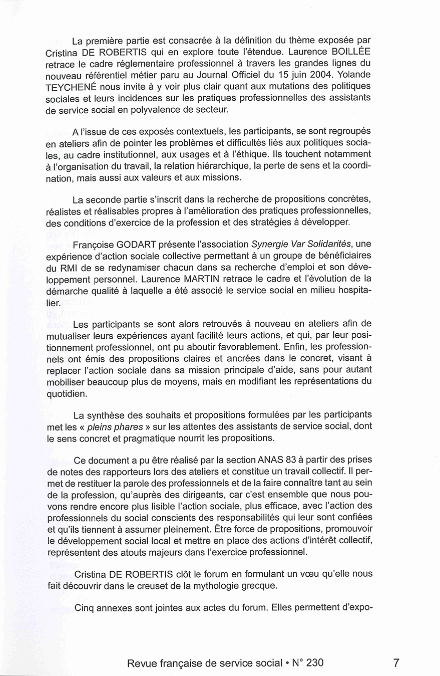RFSS N°230 : "Positionnement professionnel : face aux mutations, mobilisons nos compétences - Actes du forum" RFSS N°230 : "Positionnement professionnel : face aux mutations, mobilisons nos compétences - Actes du forum"