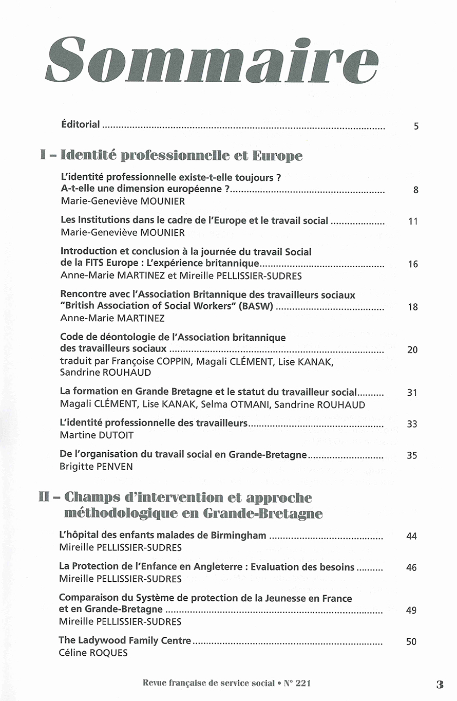 RFSS N°221 : "Regard du service social sur l'identité professionnelle en Europe - L'expérience de la Grande Bretagne"