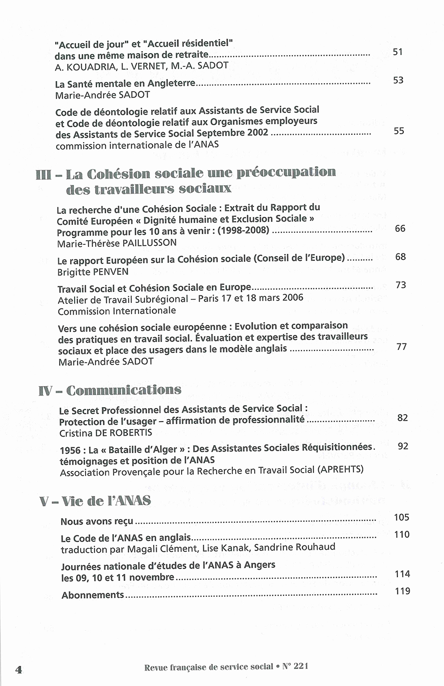 RFSS N°221 : "Regard du service social sur l'identité professionnelle en Europe - L'expérience de la Grande Bretagne"