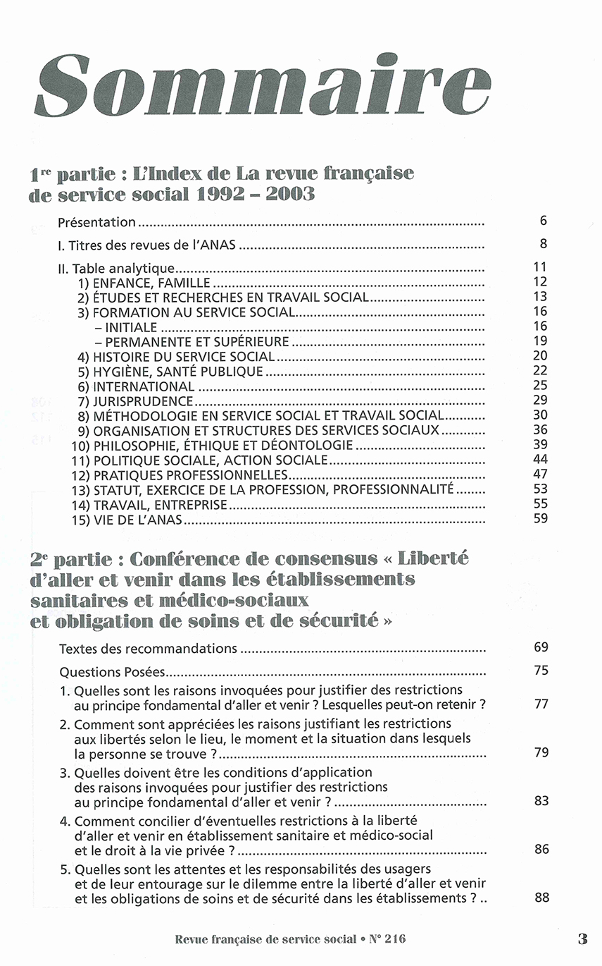 RFSS N°216 : "L'index des 12 années de la Revue & Conférence de consensus liberté d'aller et venir dans les établissements sanitaires et médico-sociaux, et obligation de soins et de sécurité"