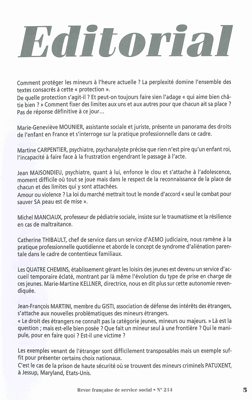 RFSS N°214 : "Comment protéger les mineurs à l'heure actuelle ? Des interrogations pour la pratique professionnelle"