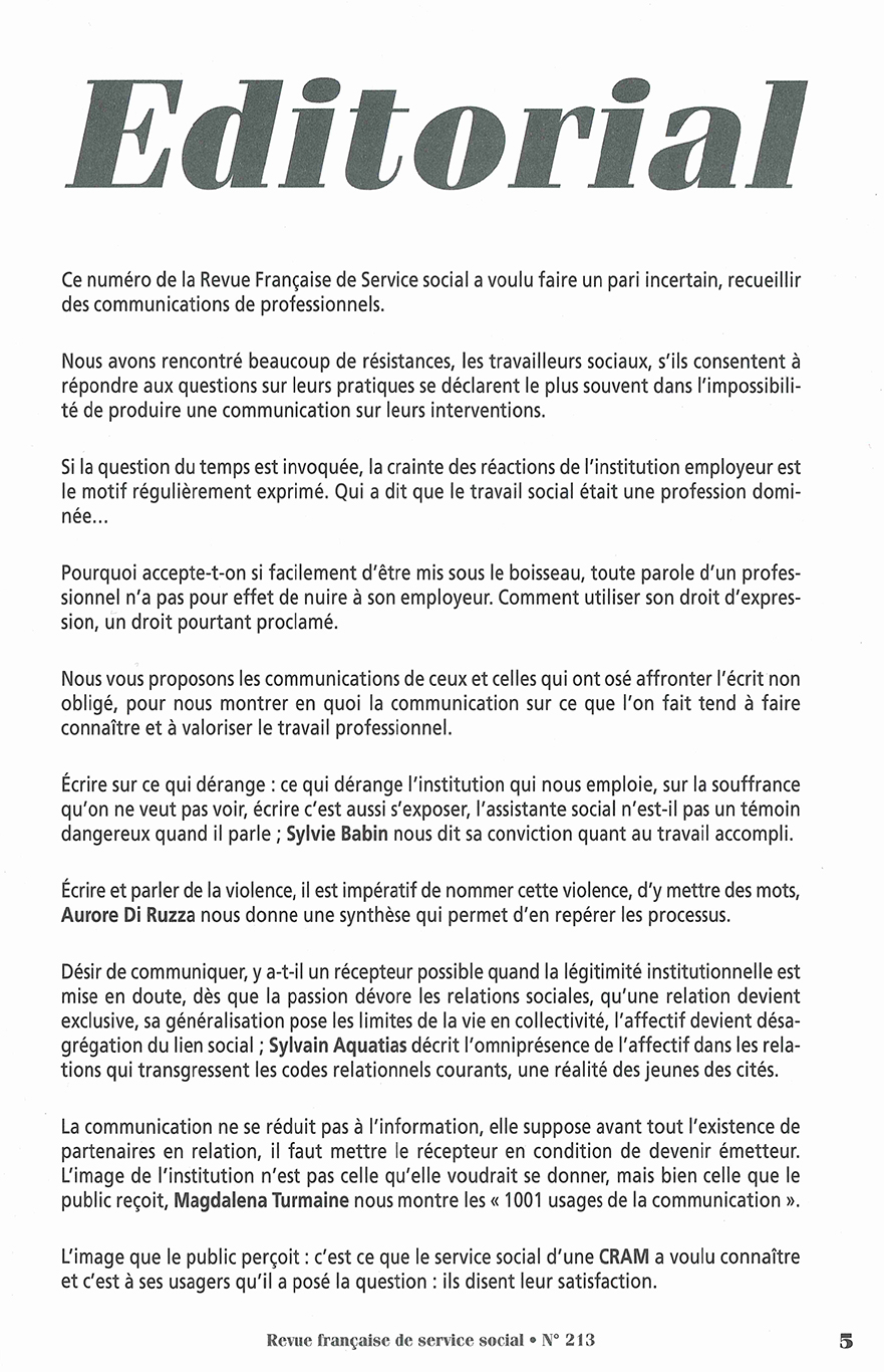 RFSS N°213 : "Valorisation du travail social : une communication parfois difficile" RFSS N°213 : "Valorisation du travail social : une communication parfois difficile"