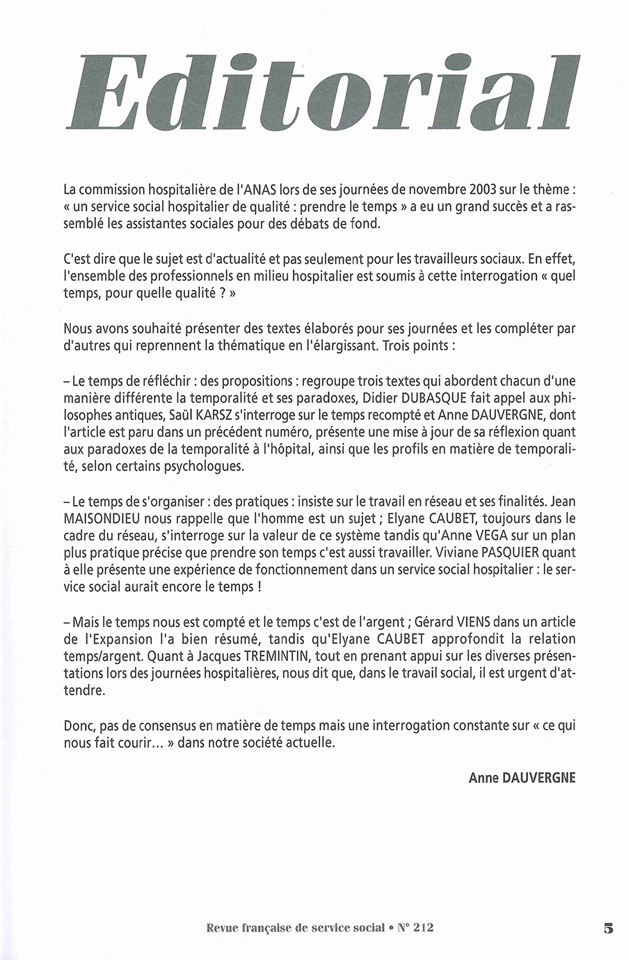 RFSS N°212 : "Prendre le temps pour un service social hospitalier de qualité"