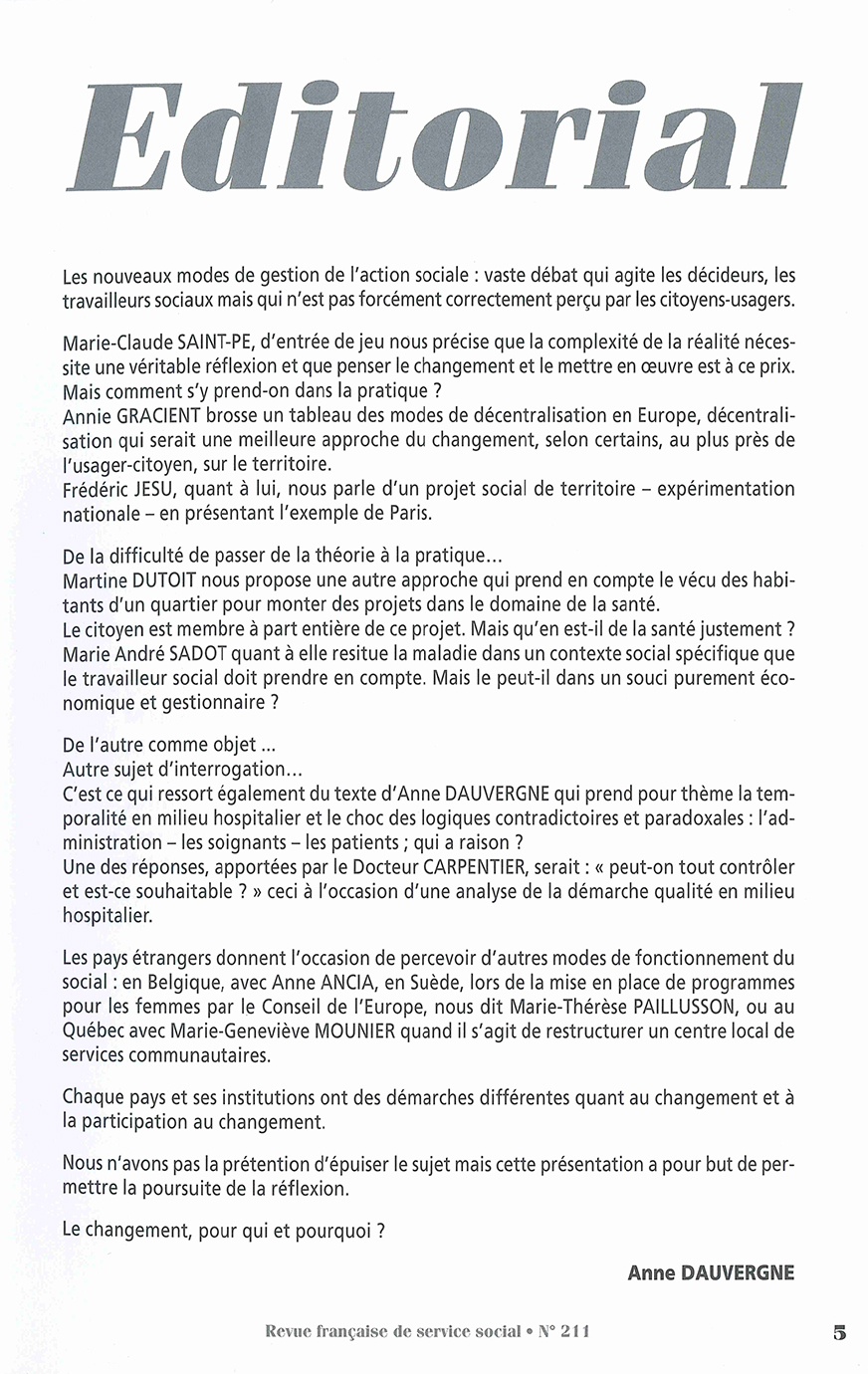 RFSS N°211 : "Nouveaux modes de gestion de l'action sociale" RFSS N°211 : "Nouveaux modes de gestion de l'action sociale"
