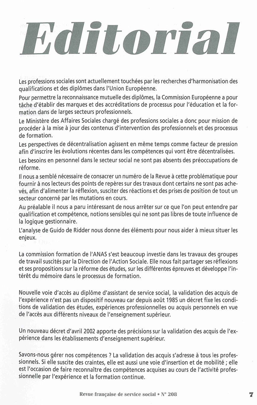RFSS N°208 : "Compétences, Formation, Validation des acquis" RFSS N°208 : "Compétences, Formation, Validation des acquis"