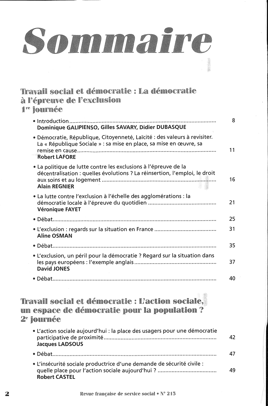 RFSS N°215 : "Travail social et démocratie" RFSS N°215 : "Travail social et démocratie"