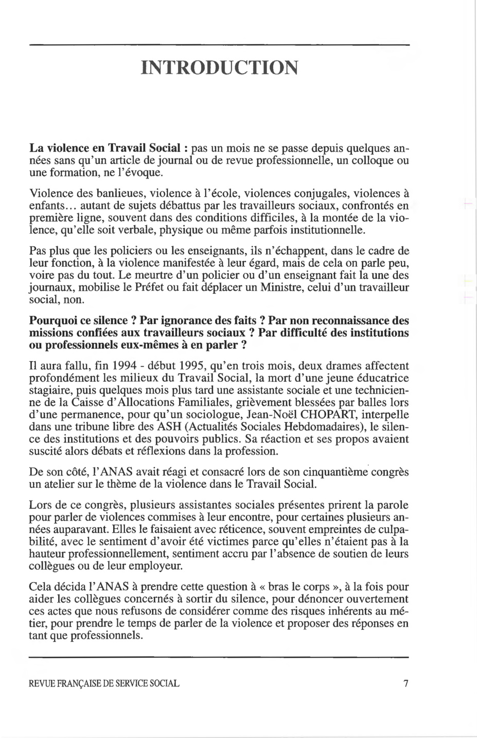 Hors-série Novembre 1997 : "La violence à l'encontre des travailleurs sociaux"