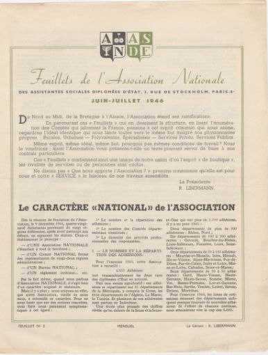 Feuillets de l'Association Nationale des Assistantes Sociales Diplômées d'Etat - Juin - Juillet 1946