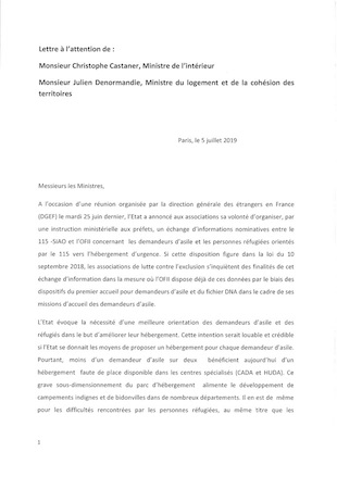 Lettre aux ministres de l’intérieur et du logement sur le projet de transmission d’informations nominatives entre le 115-SIAO et l’OFII