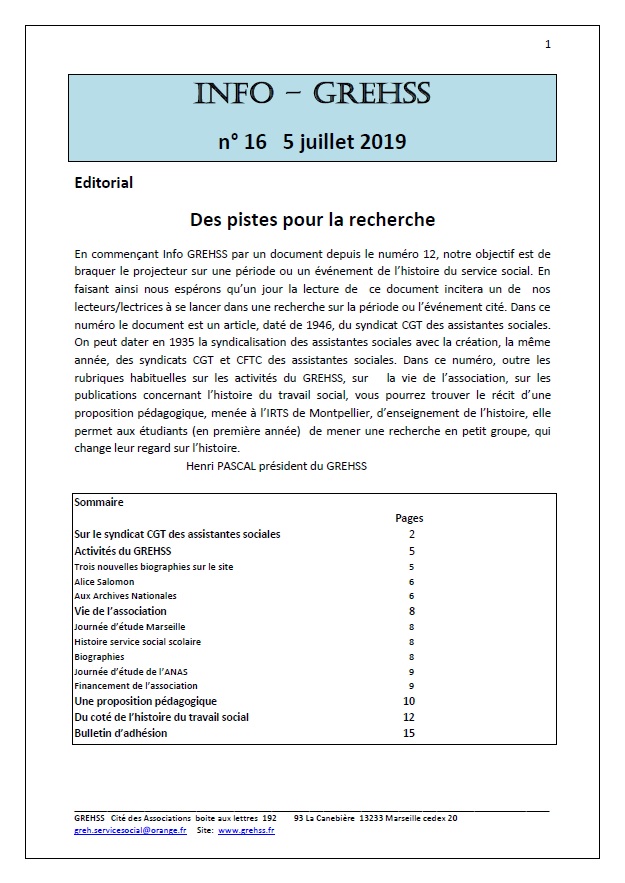 Info GREHSS n°16, 7 juillet 2019