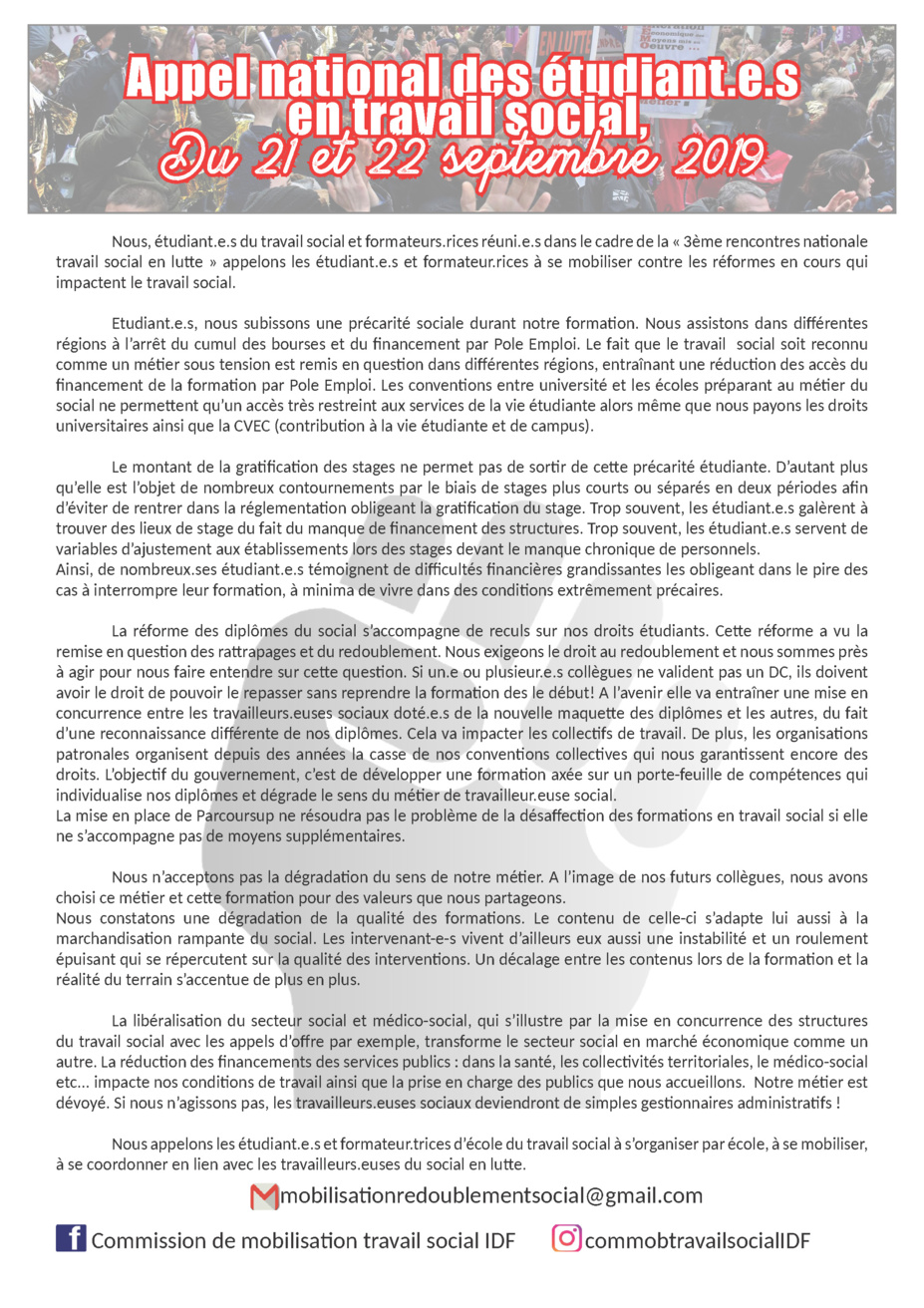 Appel national des étudiants en travail social du 21 et 22 septembre 2019 Appel national des étudiants en travail social du 21 et 22 septembre 2019