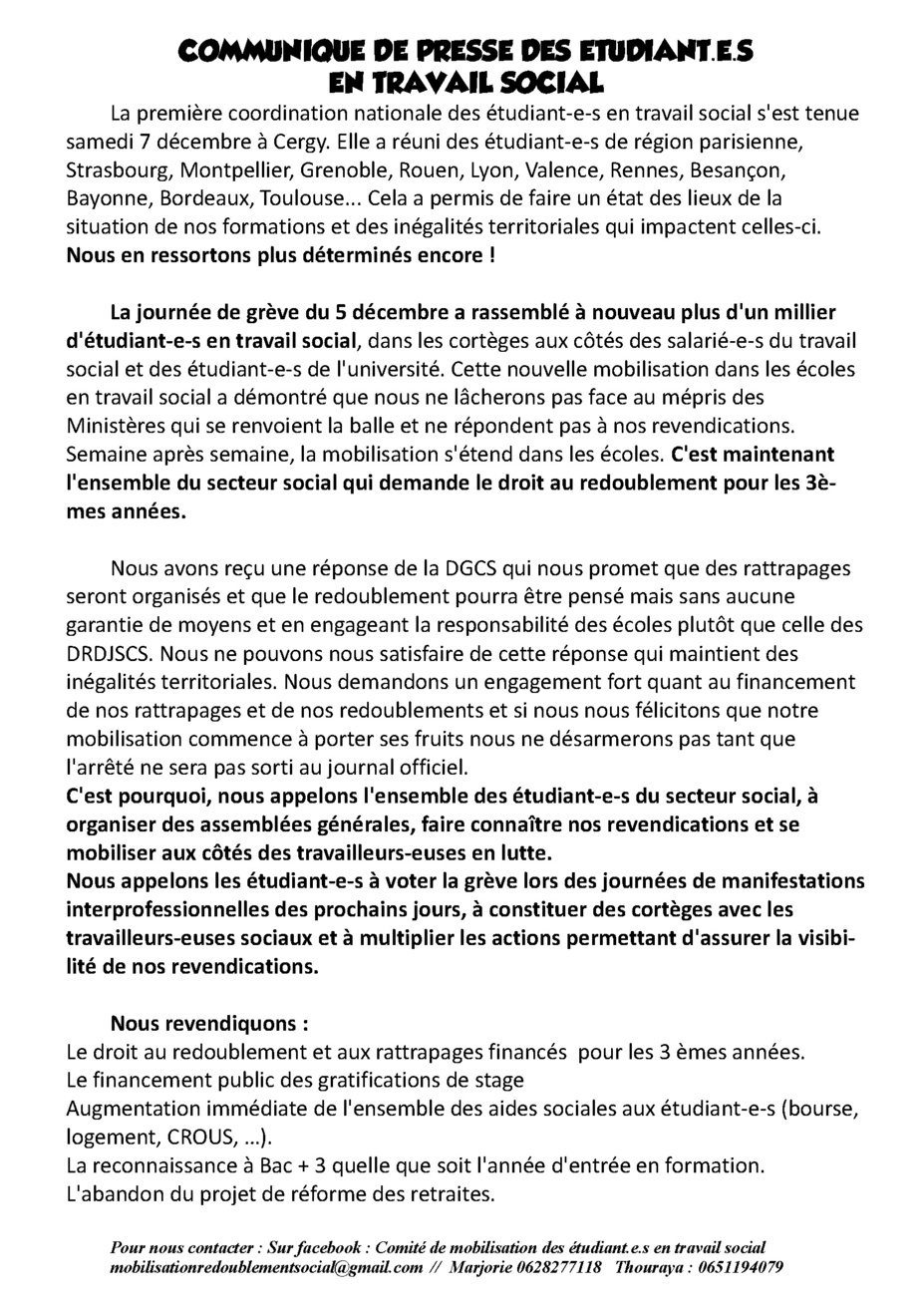 Communique de presse des étudiant.e.s en travail social - 15/12/2019 Communique de presse des étudiant.e.s en travail social - 15/12/2019