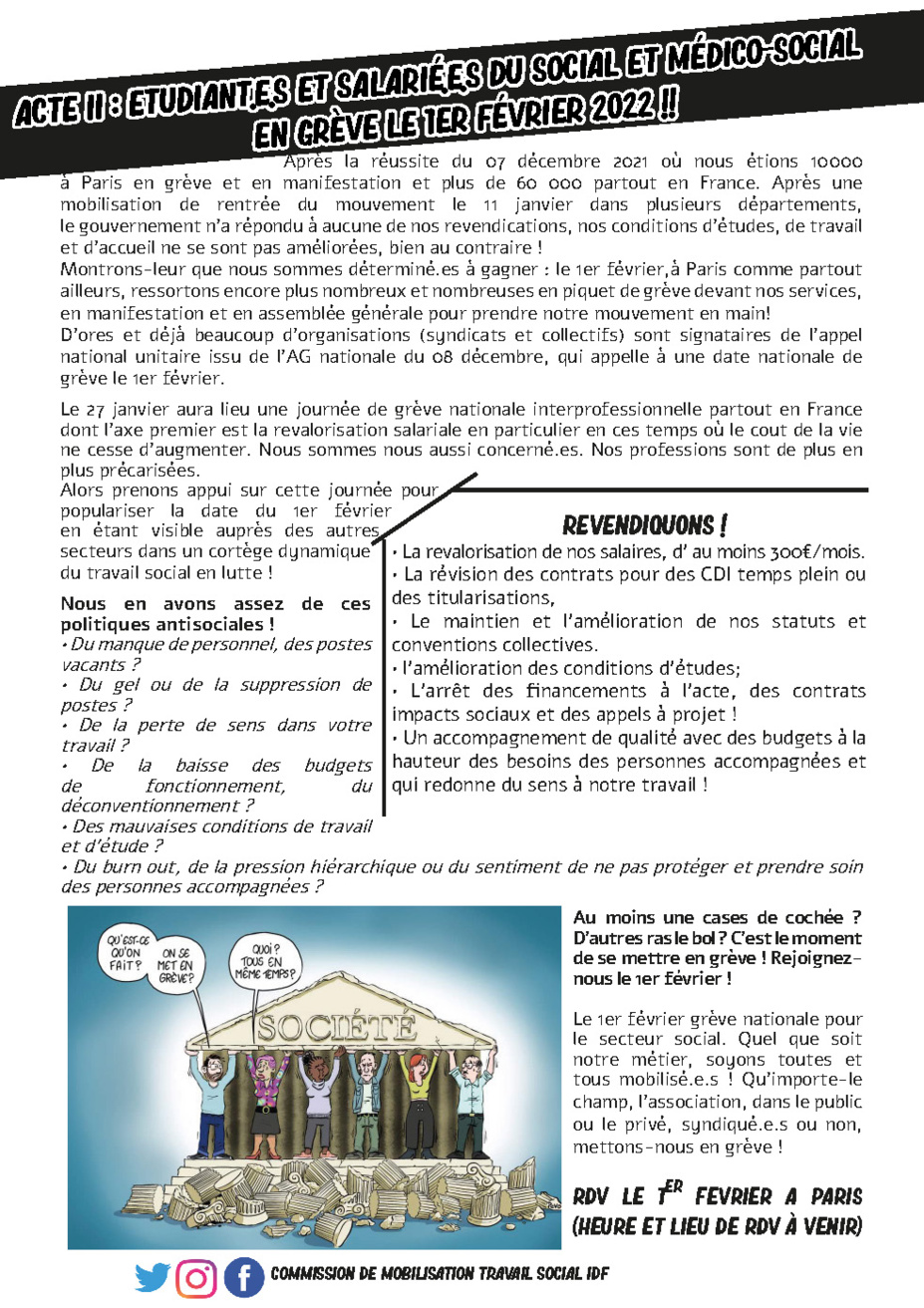 Appel à une journée de grève nationale le 1er février 2022 dans le social et médico-social par la Commission de Mobilisation du Travail Social d'Ile-de-France Appel à une journée de grève nationale le 1er février 2022 dans le social et médico-social par la Commission de Mobilisation du Travail Social d'Ile-de-France