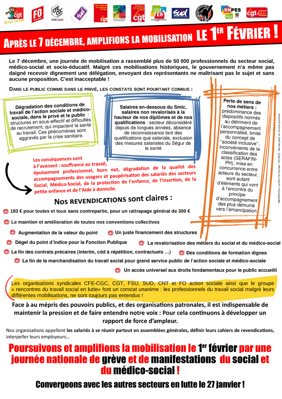 Appel à une journée de grève nationale le 1er février 2022 dans le social et médico-social par la Commission de Mobilisation du Travail Social d'Ile-de-France Appel à une journée de grève nationale le 1er février 2022 dans le social et médico-social par la Commission de Mobilisation du Travail Social d'Ile-de-France