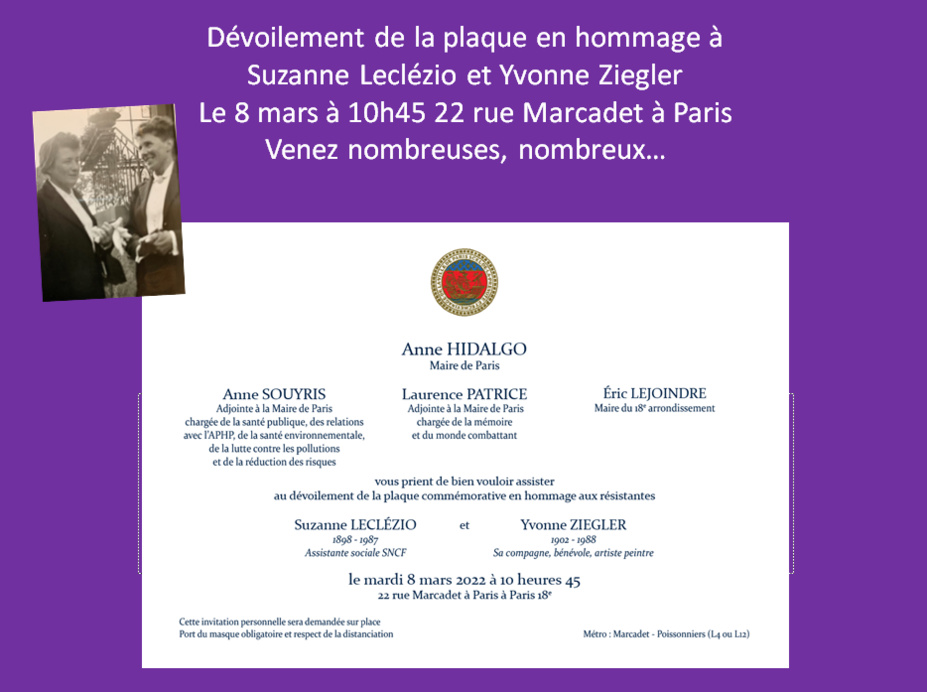 Cérémonie de dévoilement de la plaque en hommage aux résistantes Suzanne Leclézio et Yvonne Ziegler Cérémonie de dévoilement de la plaque en hommage aux résistantes Suzanne Leclézio et Yvonne Ziegler