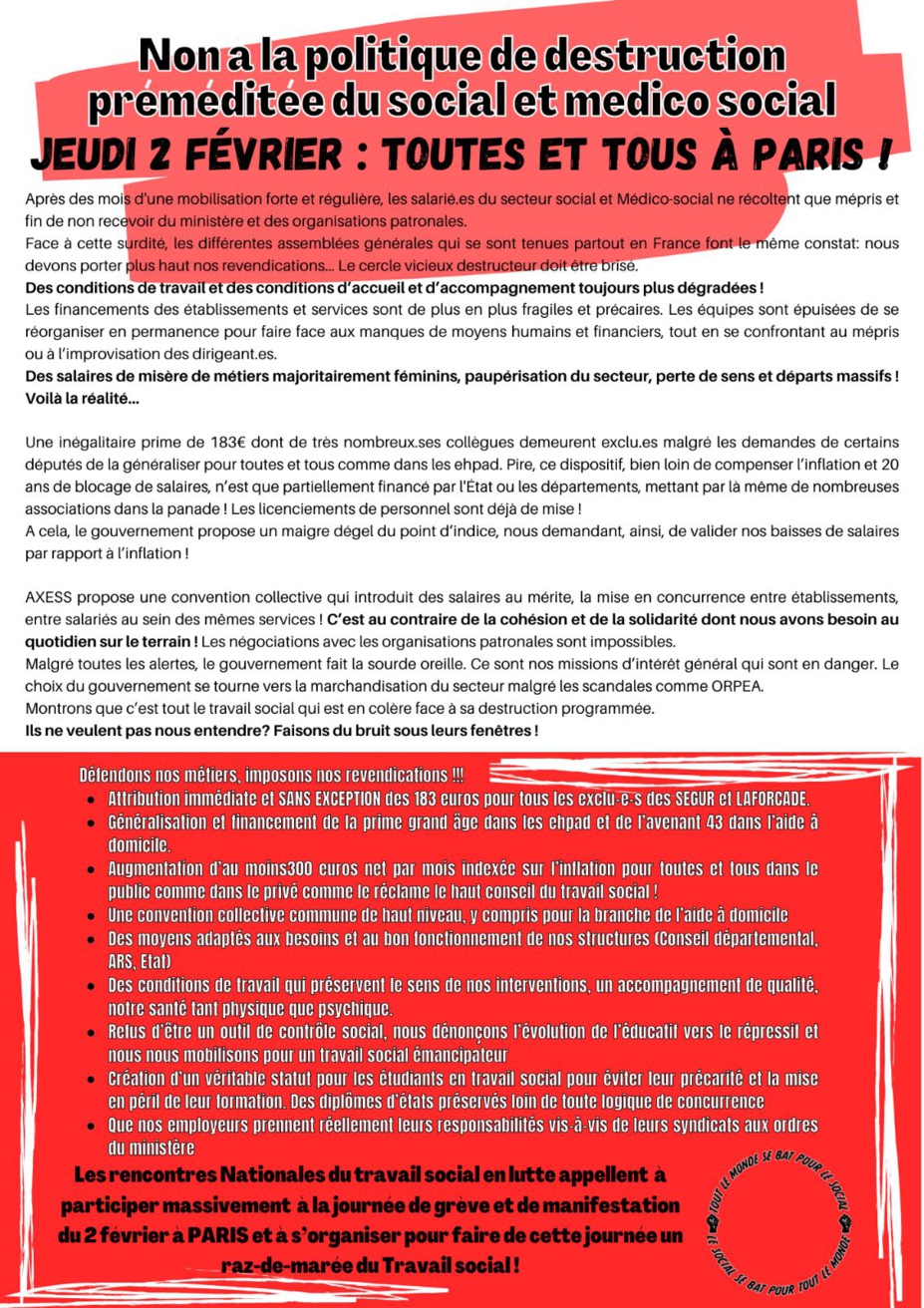 Rencontres nationales du travail social en lutte - Appel à la grève du 02/02/2023 Rencontres nationales du travail social en lutte - Appel à la grève du 02/02/2023
