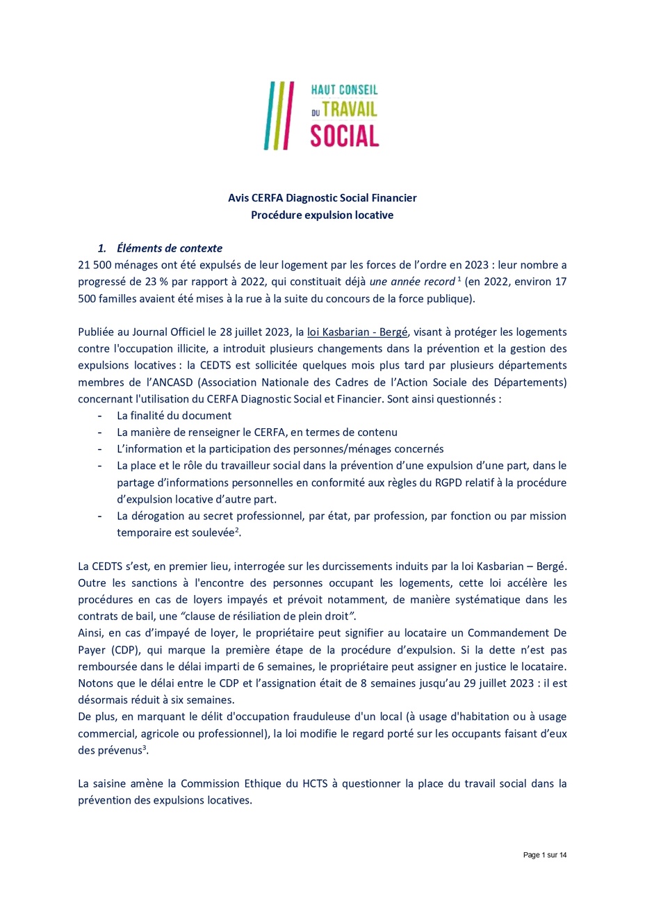 Avis CERFA Diagnostic Social Financier Procédure expulsion locative Avis CERFA Diagnostic Social Financier Procédure expulsion locative
