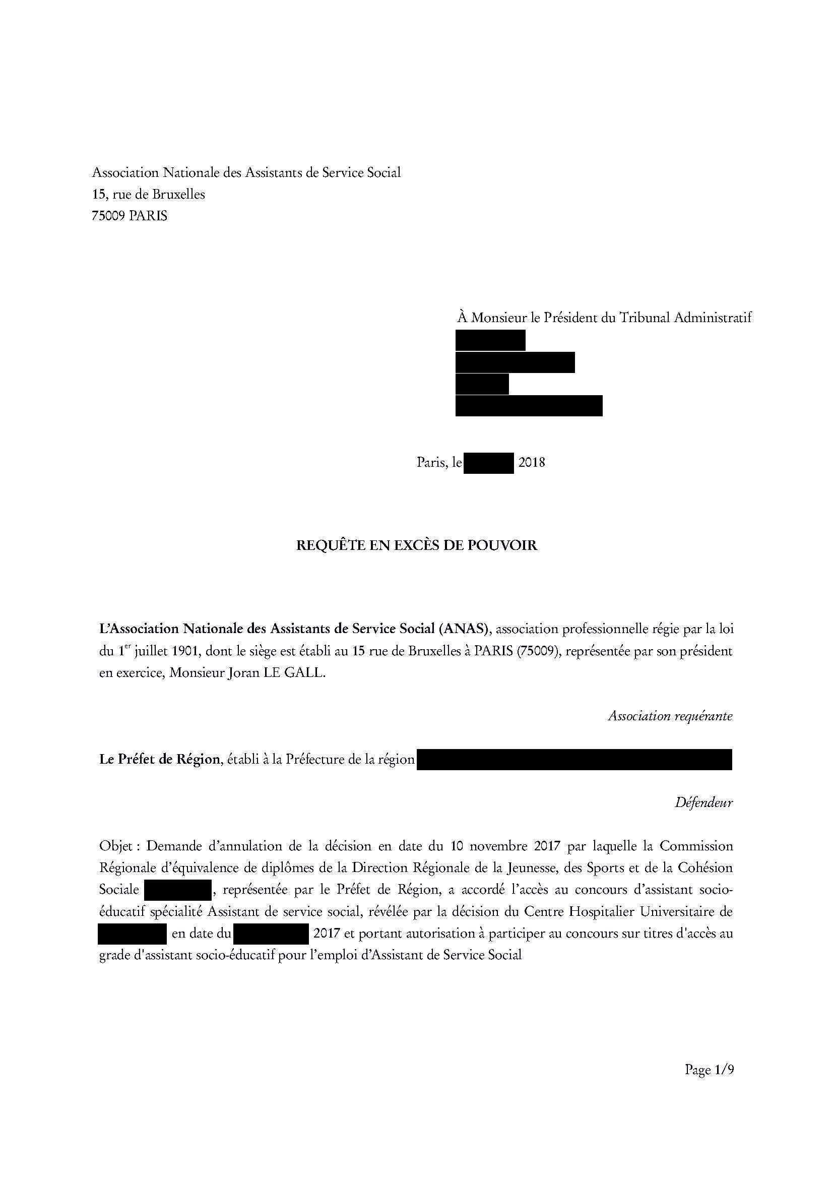 Recours contre une décision de commission d'équivalence d'une DRJSCS portant autorisation à participer au concours sur titres d'accès au grade d'assistant socio-éducatif pour l’emploi d’Assistant de Service Social