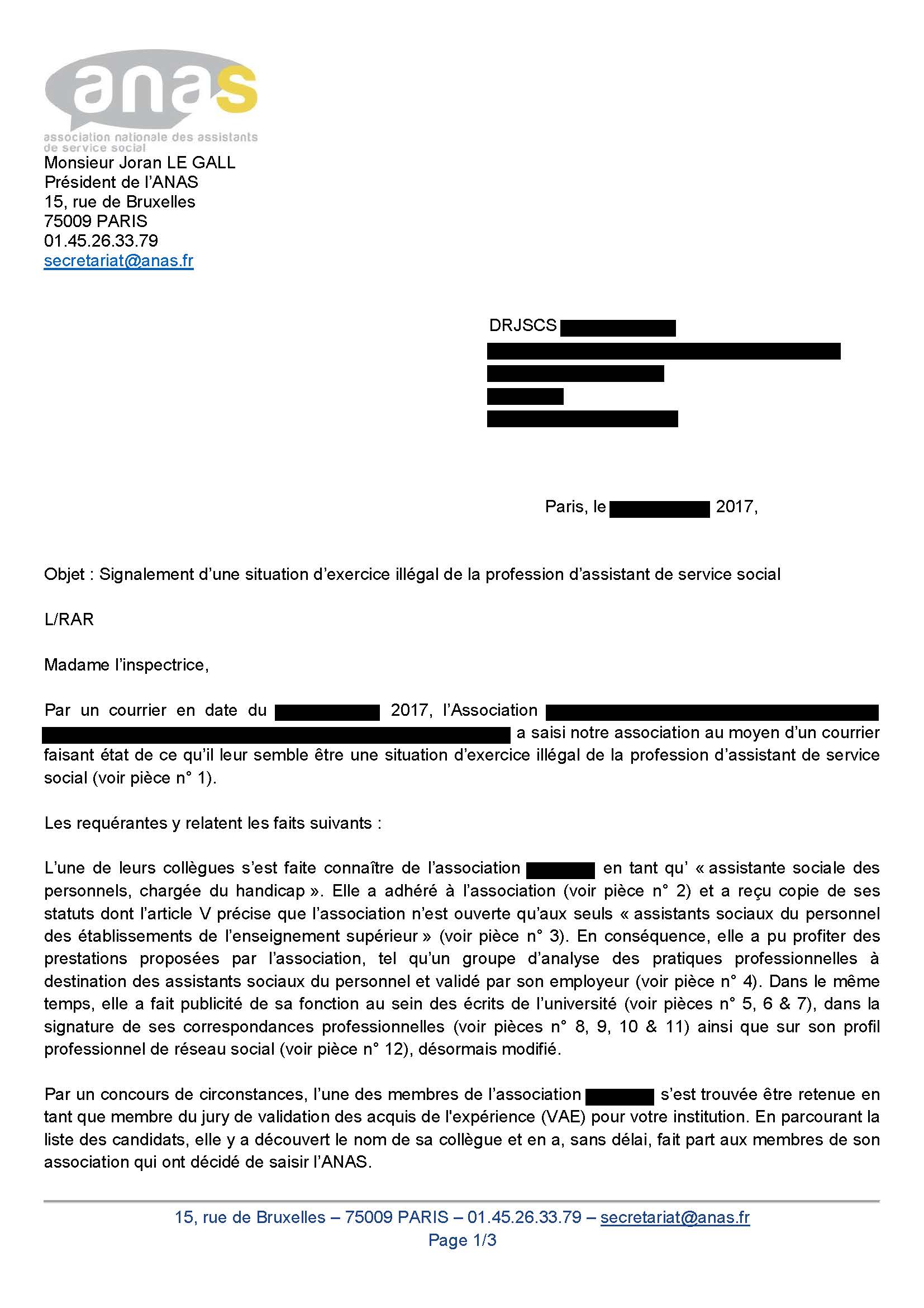 Saisine d'une DRJSCS concernant le dossier de candidature à la validation des acquis de l'expérience d'une personne se présentant comme Assistante de Service Social en l'absence de diplôme