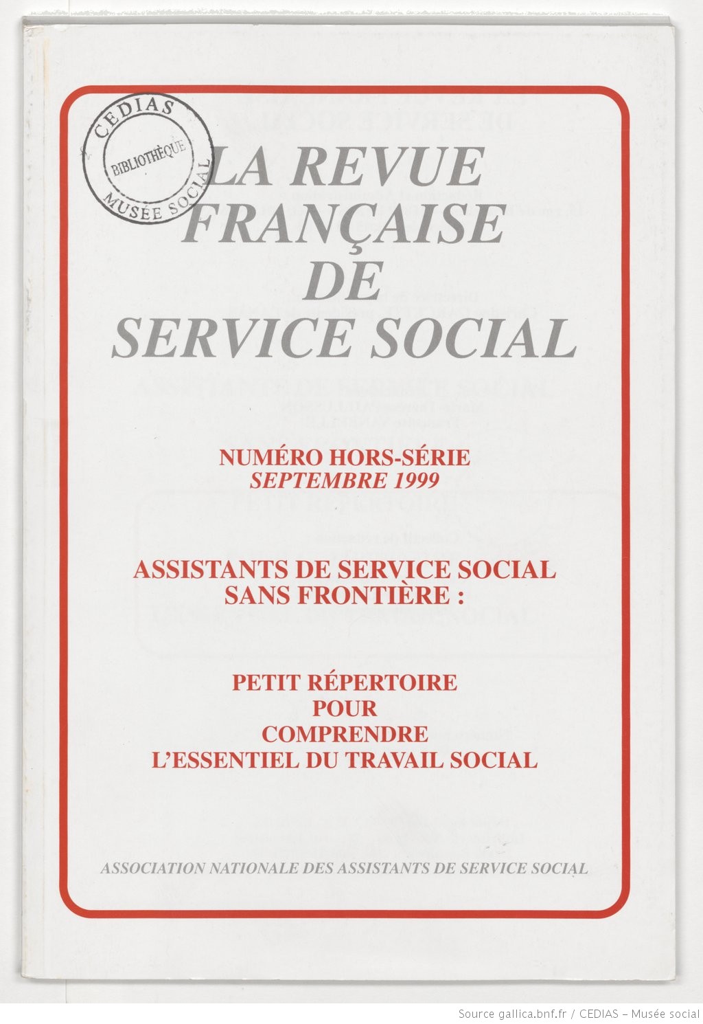 La Revue française de service social hors-série - Septembre 1999
