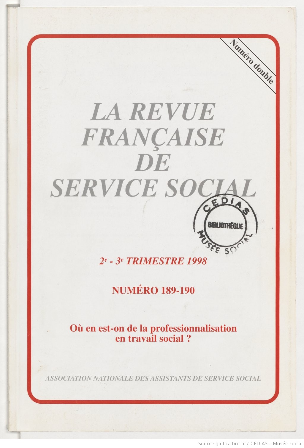 La Revue française de service social n° 189-190 - Septembre 1998