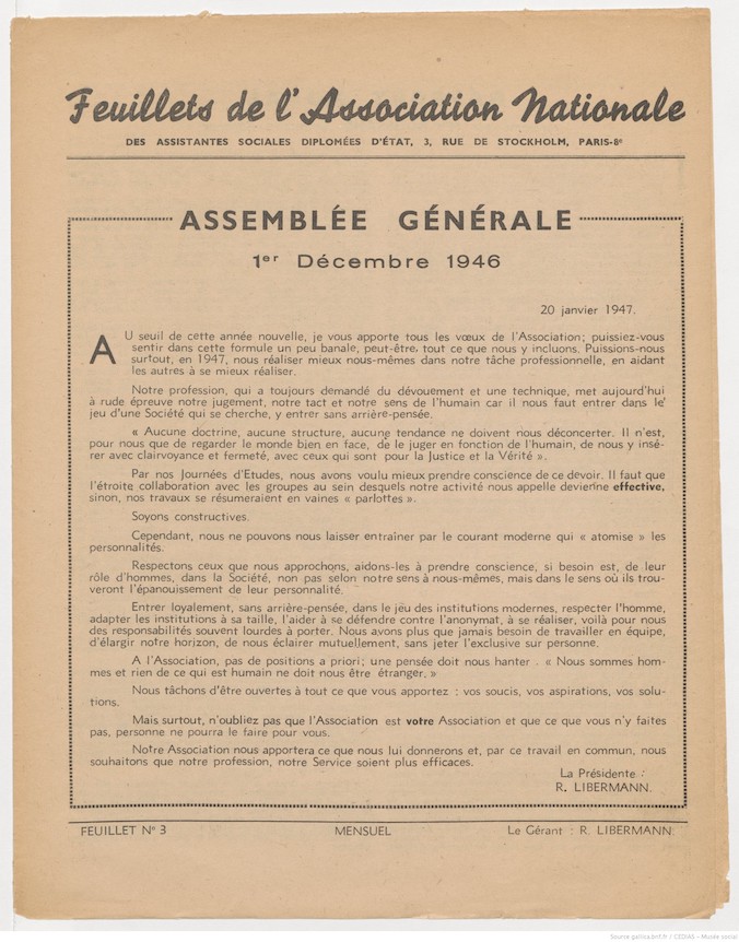 Feuillets de l'Association Nationale des Assistantes Sociales Diplômées d'Etat - Janvier 1947