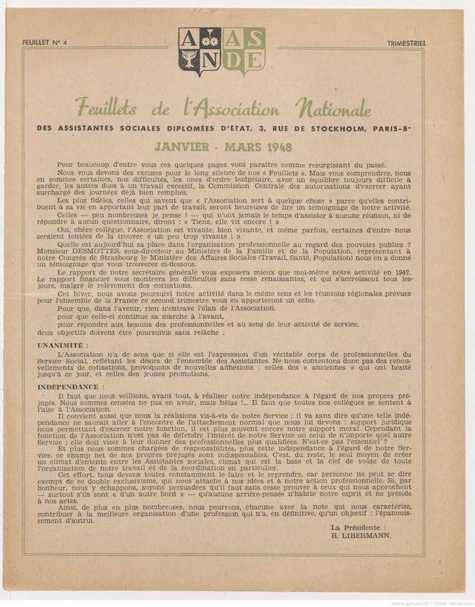 Feuillets de l'Association Nationale des Assistantes Sociales Diplômées d'Etat - Janvier-Mars 1948