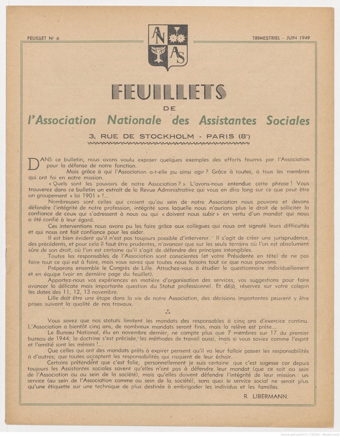 Feuillets de l'Association Nationale des Assistantes Sociales Diplômées d'Etat - Juin 1949