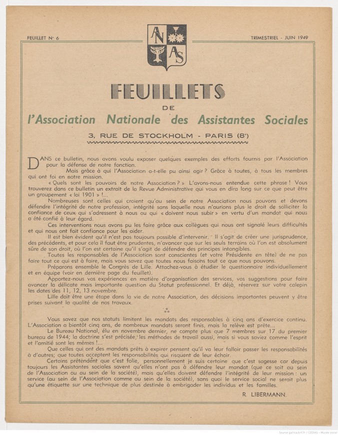 Feuillets de l'Association Nationale des Assistantes Sociales Diplômées d'Etat - Juin 1949 Feuillets de l'Association Nationale des Assistantes Sociales Diplômées d'Etat - Juin 1949