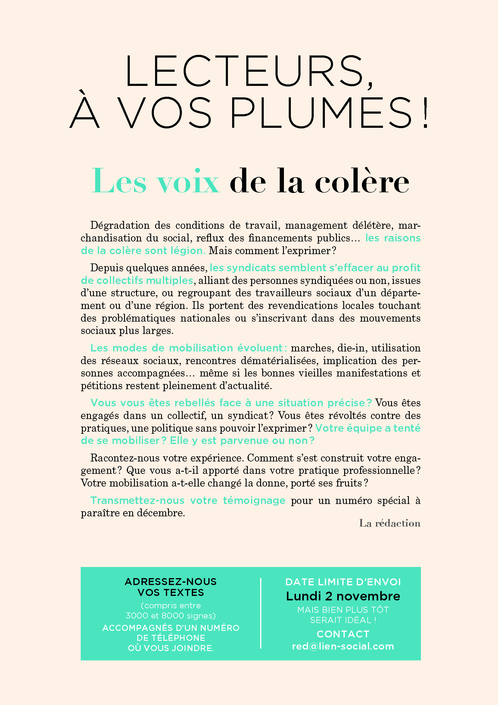 Revue Lien Social / Appel à contribution - Travailleurs sociaux : les raisons de leur colère ou de leur révolte Revue Lien Social / Appel à contribution - Travailleurs sociaux : les raisons de leur colère ou de leur révolte